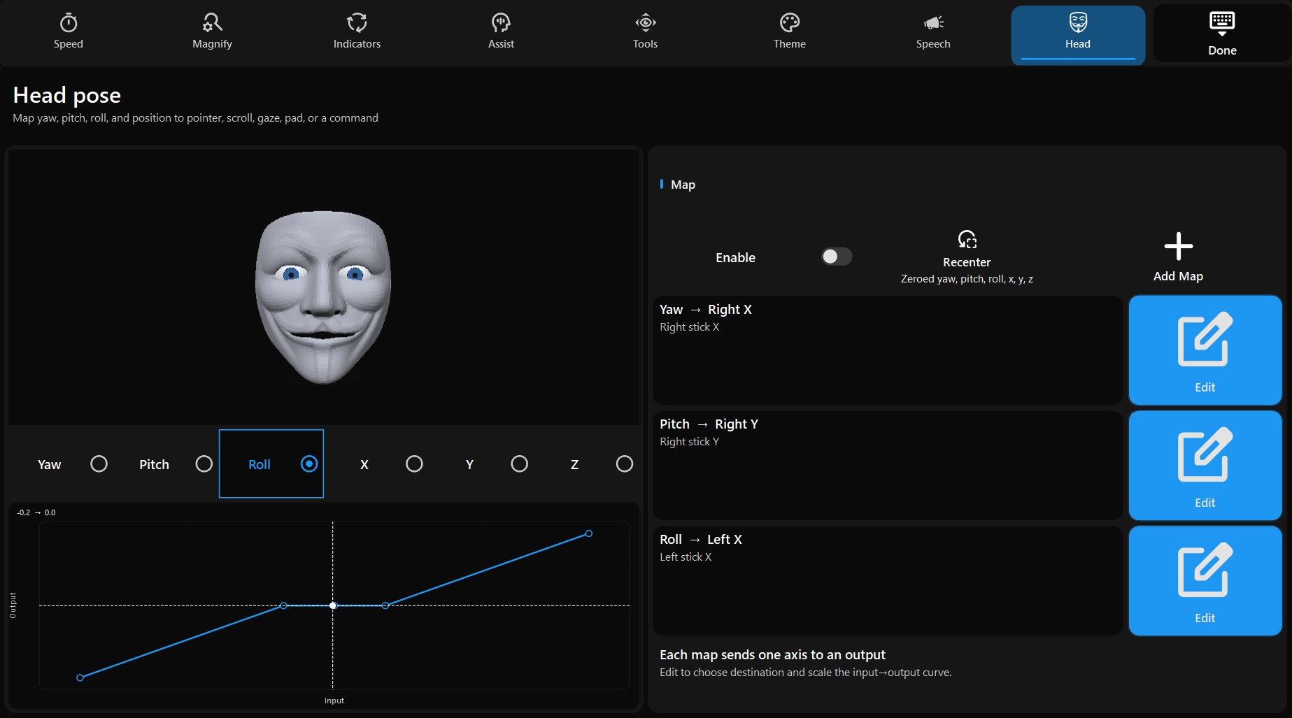 Head pose settings: 3D preview, yaw/pitch/roll maps, and an input–output curve