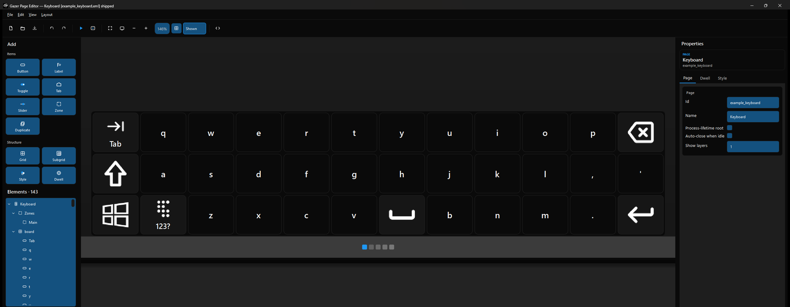 The page editor with the compact keyboard open: Add palette and element tree on the left, canvas in the center, Properties on the right